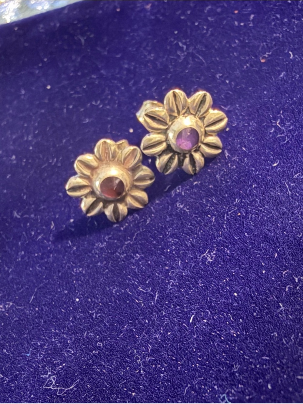 Sterling Silver Floral Stud Earrings with Purple Gem Center